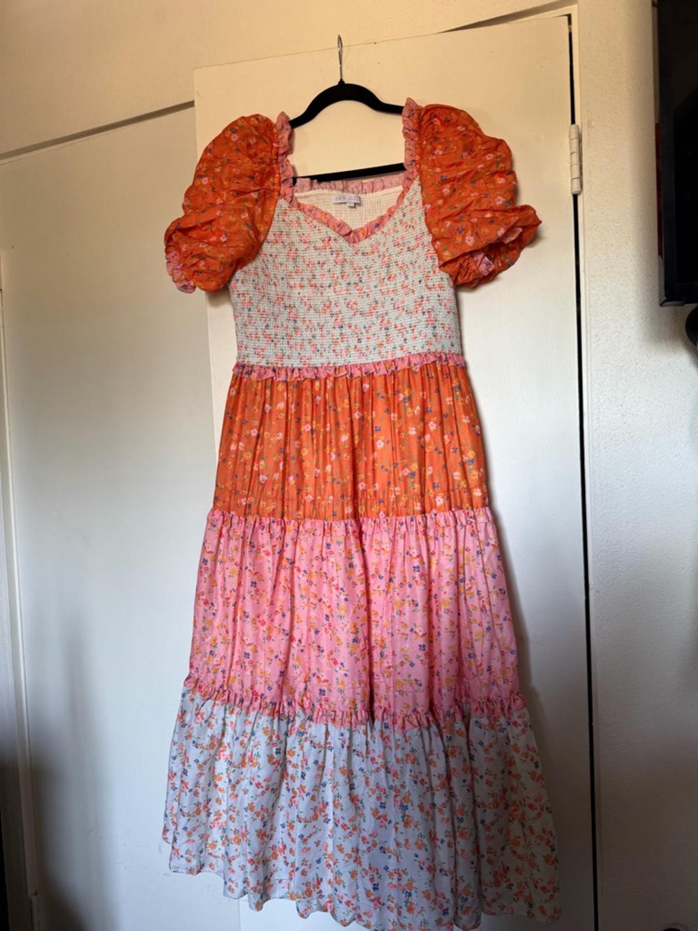 Ivy City Co Orange & Pink Floral Tiered Midi Dress